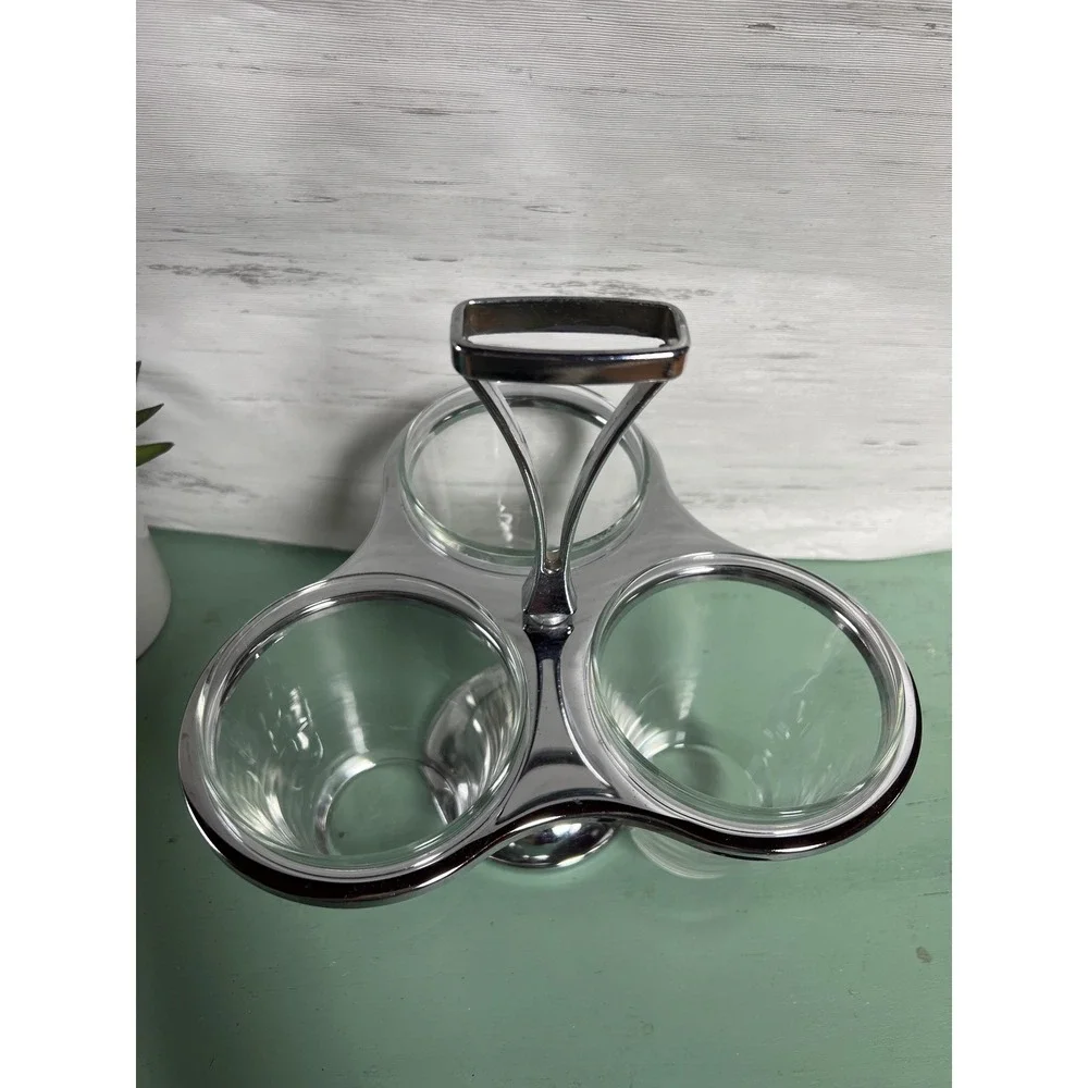 Vintage Chrome Glass Condiment Holder Faux Wood